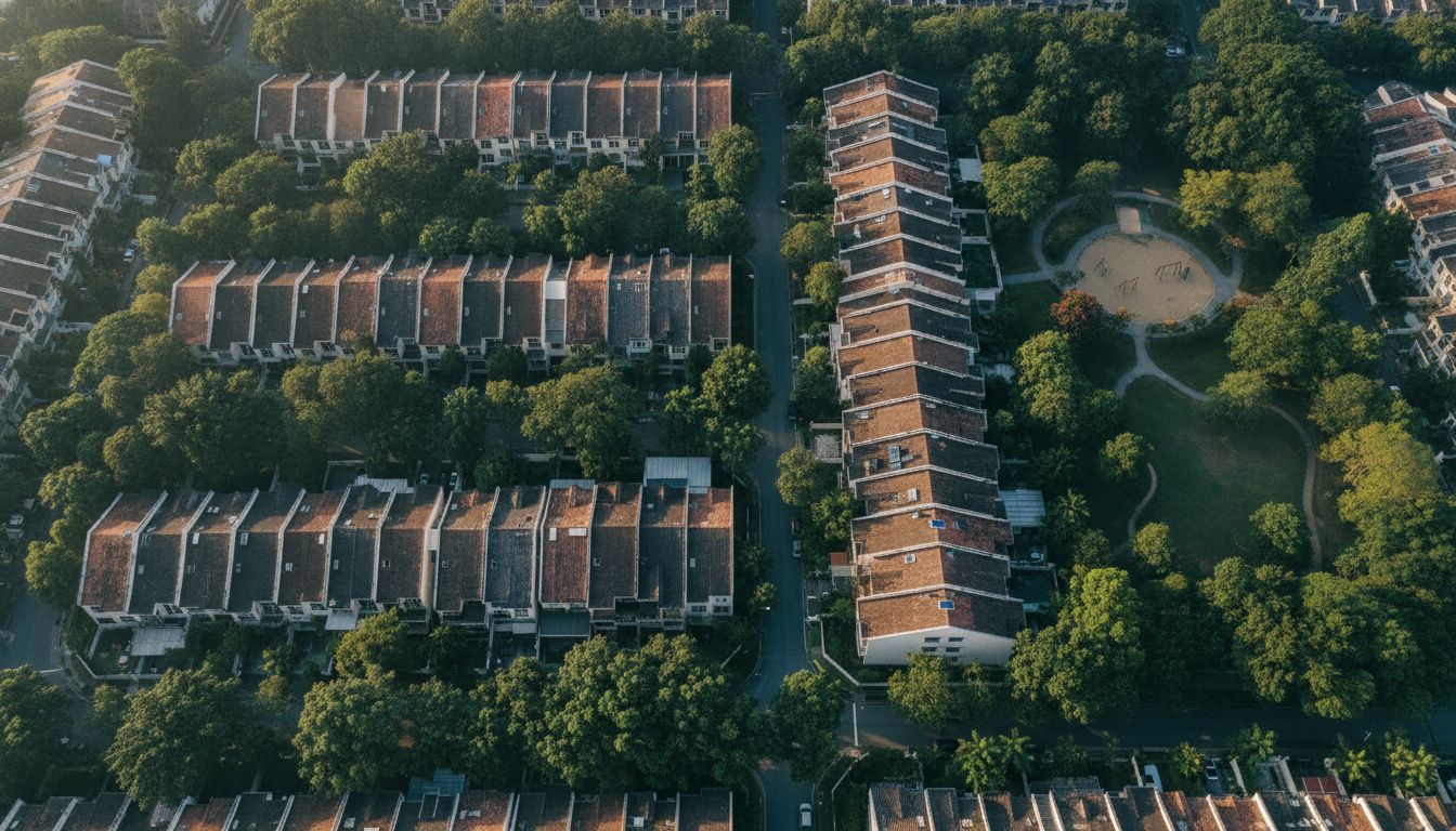 Aerial view of a mature landed estate with greenery