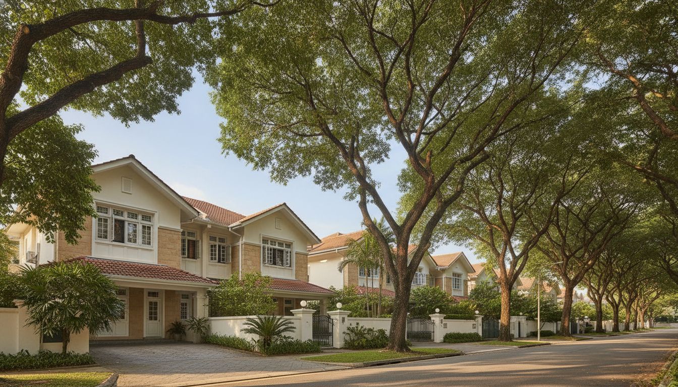 Elegant landed homes along a tree-lined street in a mature Singapore estate like Serangoon Gardens, District 19
