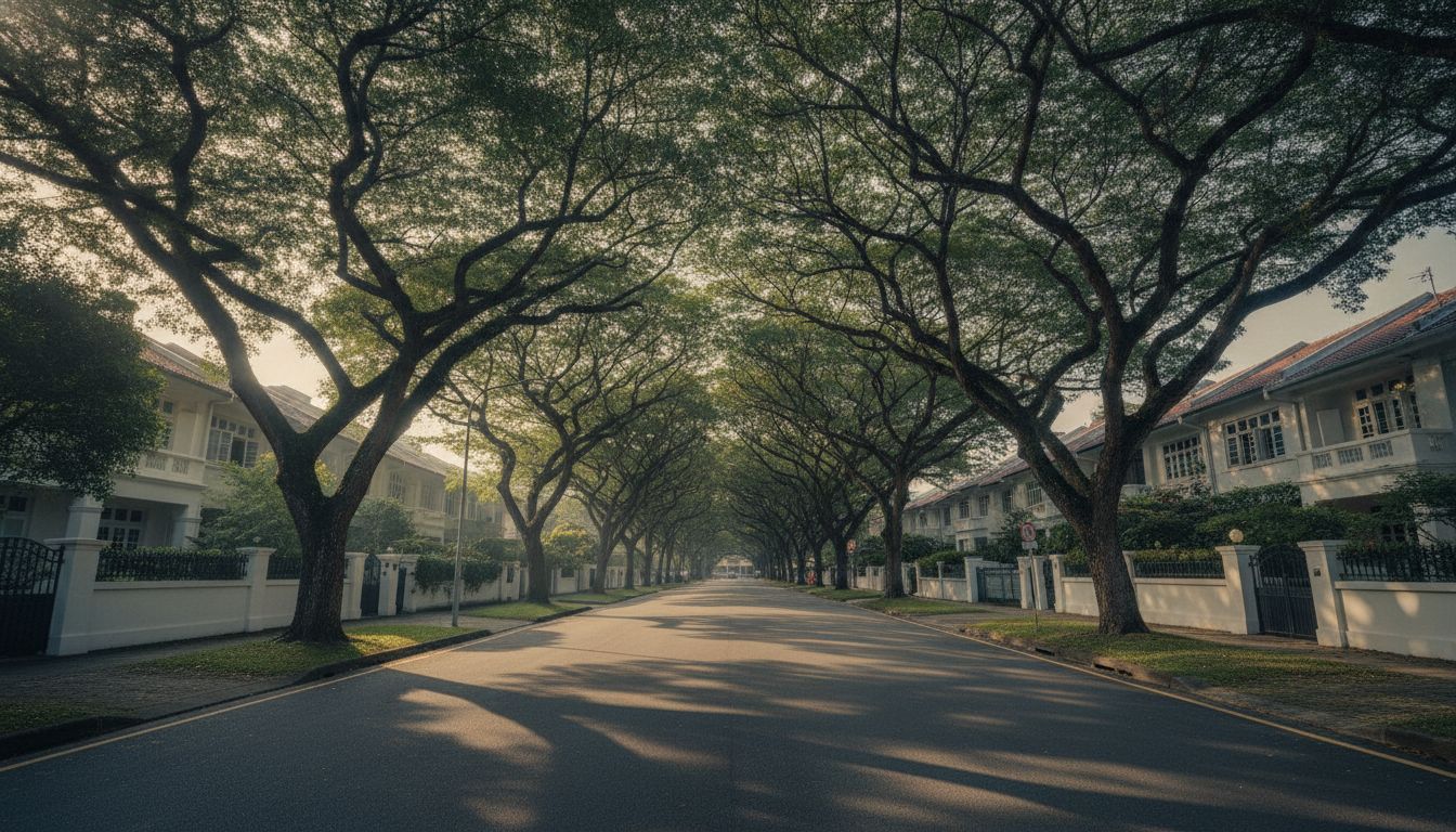 Tree-lined residential street in Serangoon Gardens, Singapore