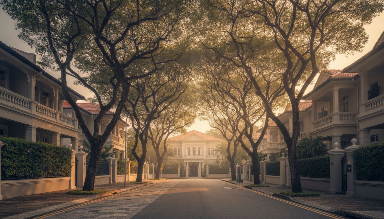 Wide editorial view of a mature Singapore landed housing estate at golden hour